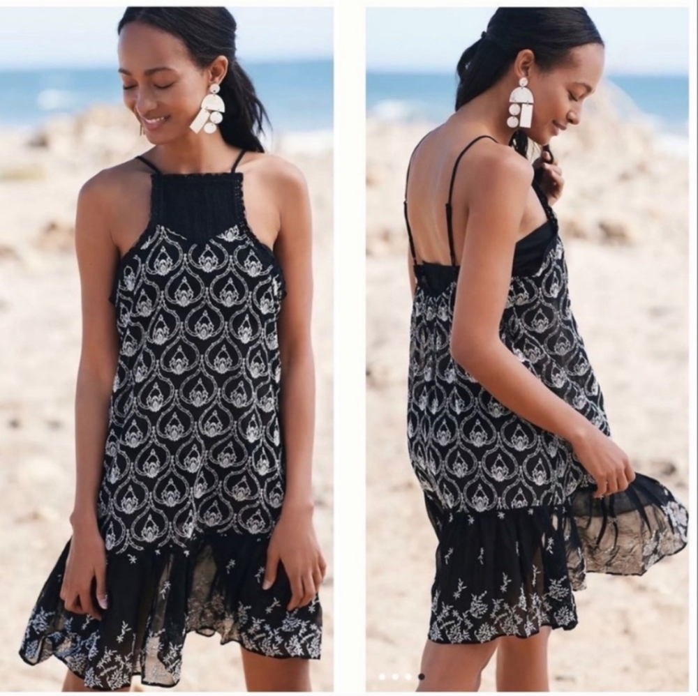 Anthropologie NWT Sheer Black Fully Embroidered mini dress Or Coverup Sz XS